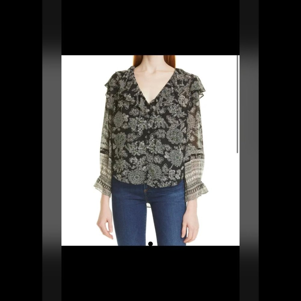 Veronica Beard Itha Ruffle Silk Blouse ‎  100% Silk, 4, Black cream green